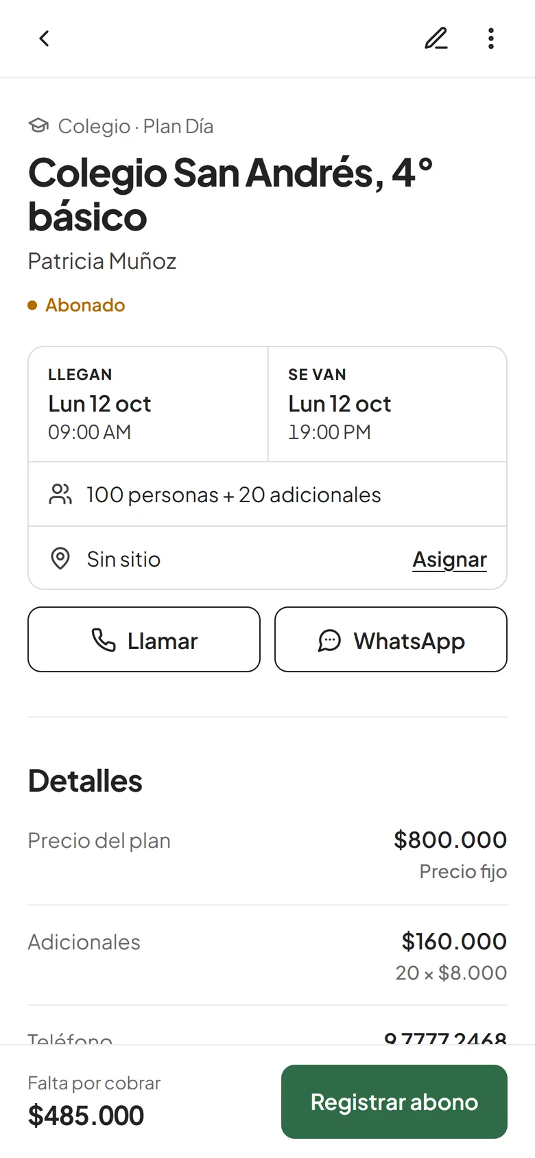 Detalle de una reserva con su precio, adicionales y lo que falta por cobrar